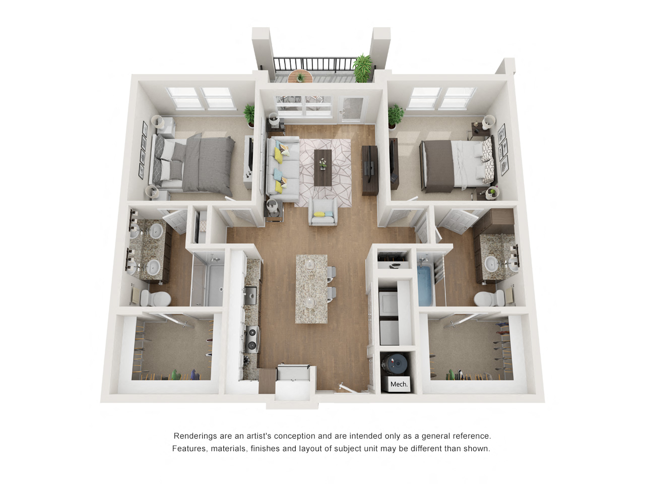 Floor plan for 2 beds, 2 baths, 1054 sqft